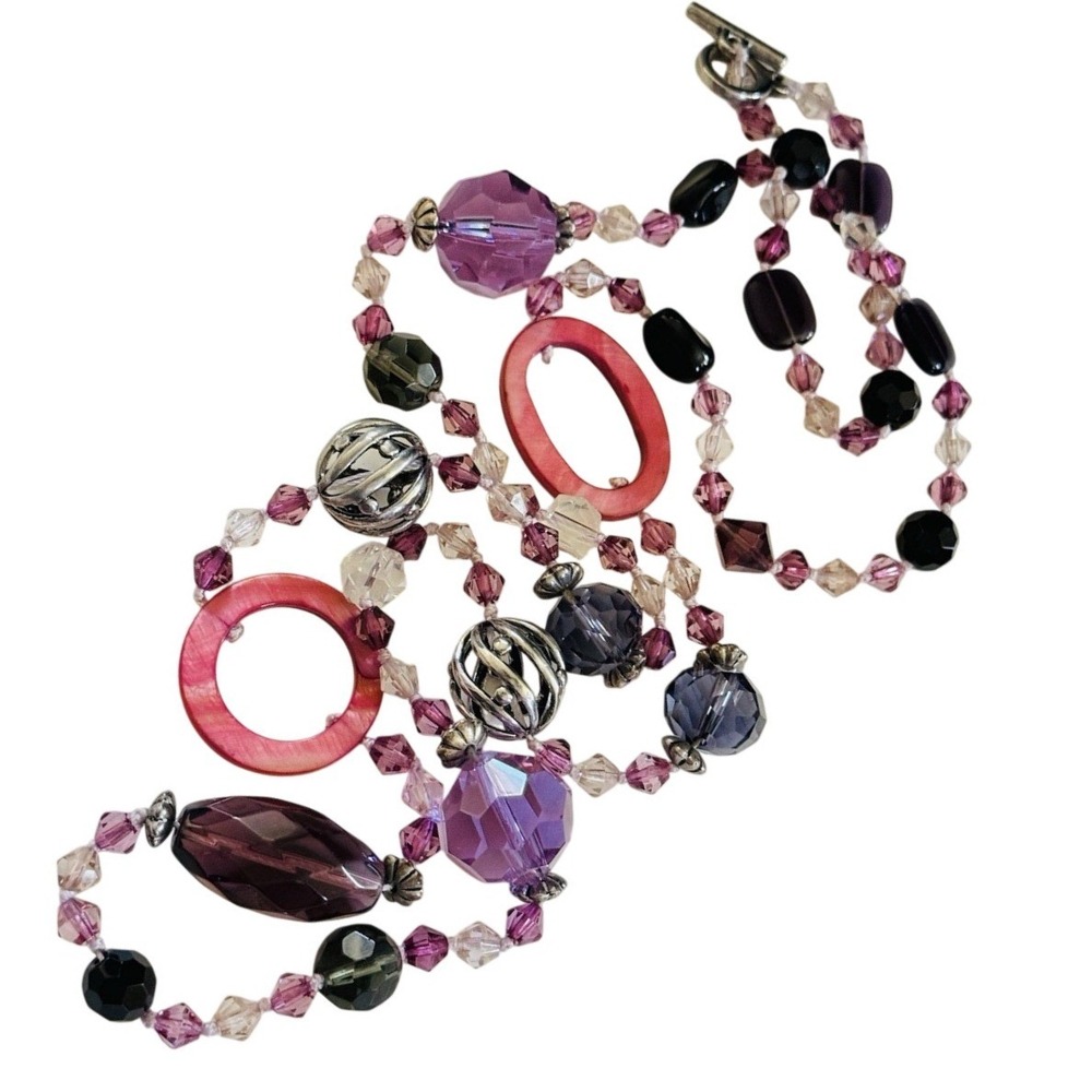 Vtg Necklace 90s Crystal Purple‎ Pink Faceted Beads Mother Of Pearl Beads 40"